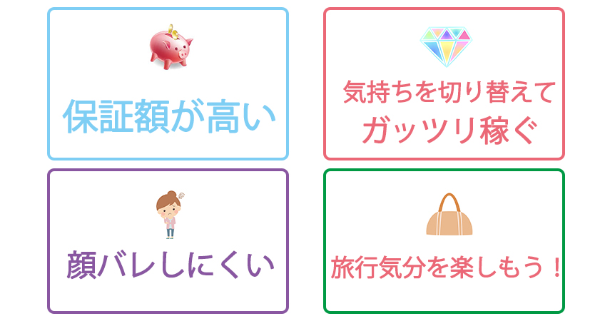 保証が高い・気持ちを切り替えて稼ぐ・顔バレしにくい・旅行気分で働けるイメージ
